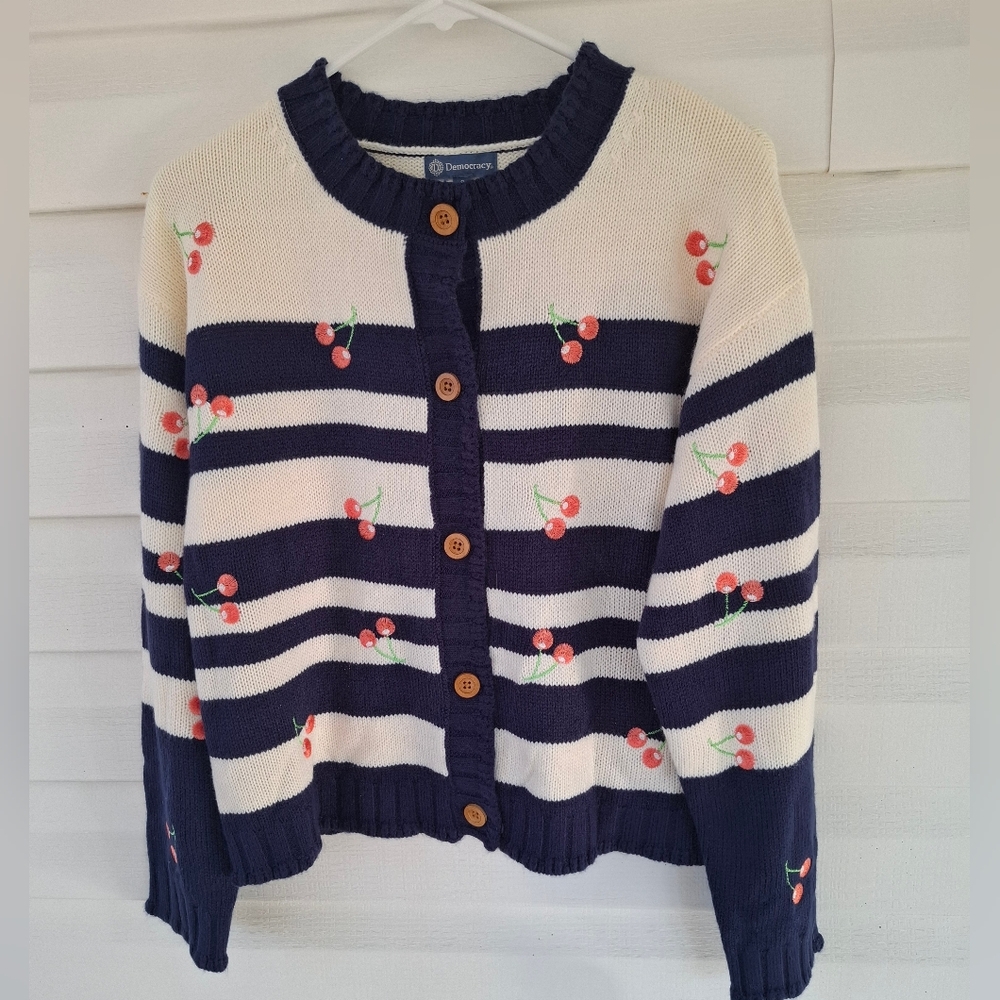 Democracy Cardigan Sweater Embroidered Cherries NWT Size Small